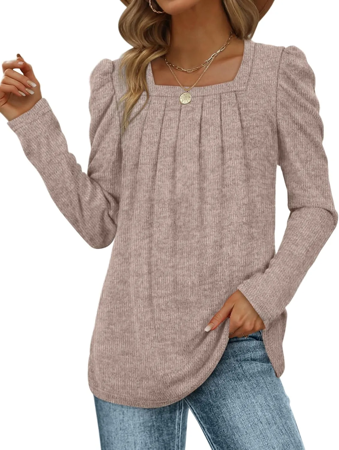 WEESO Womens Sweaters Lightweight Puff Sleeve Pleated Square Neck Tunic Shirts Loose Fit