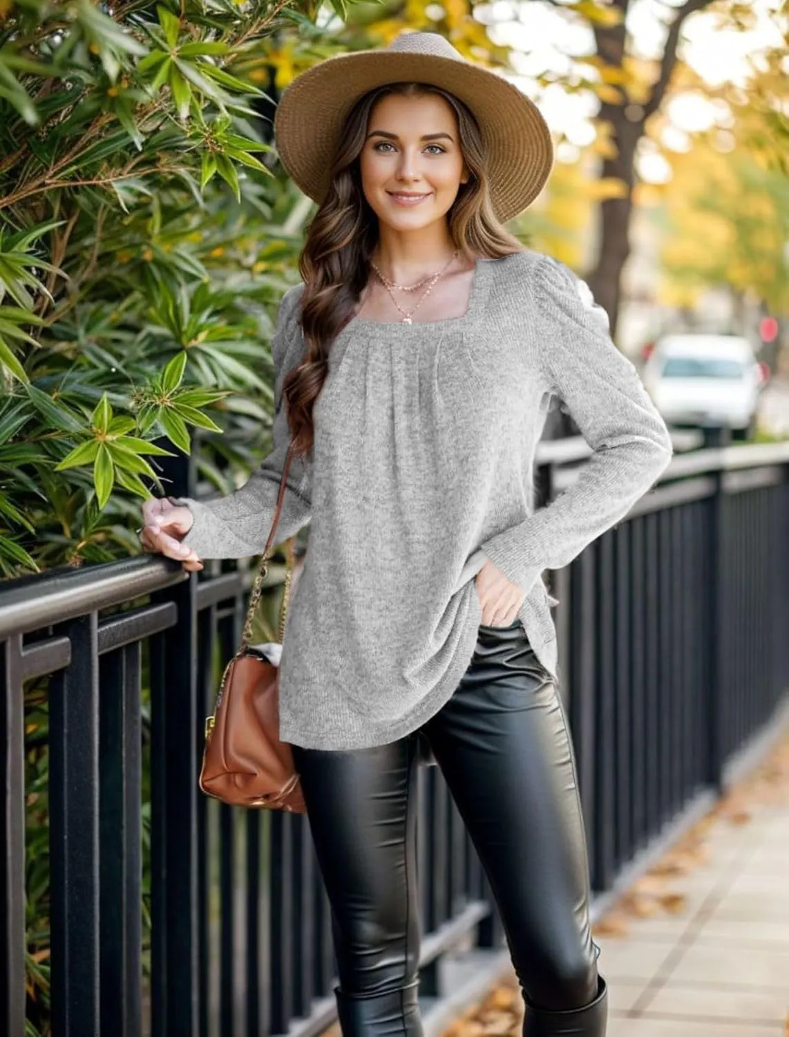 WEESO Womens Sweaters Lightweight Puff Sleeve Pleated Square Neck Tunic Shirts Loose Fit
