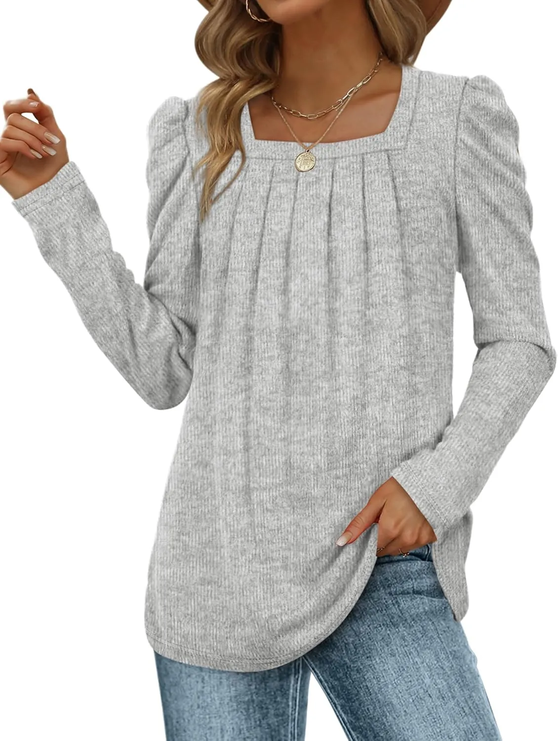 WEESO Womens Sweaters Lightweight Puff Sleeve Pleated Square Neck Tunic Shirts Loose Fit