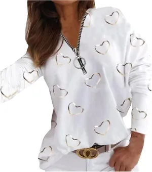 Women Half Zipper Shirt V-Neck Tops Fashion Love Heart Printing Blouse Long Sleeves Sweatshirt Casual Loose Shirts