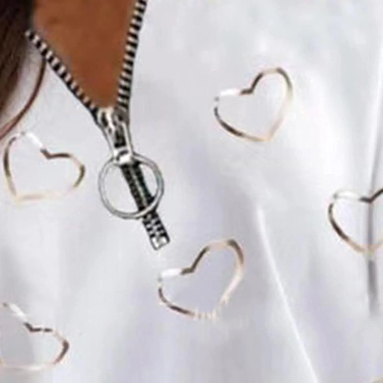 Women Half Zipper Shirt V-Neck Tops Fashion Love Heart Printing Blouse Long Sleeves Sweatshirt Casual Loose Shirts