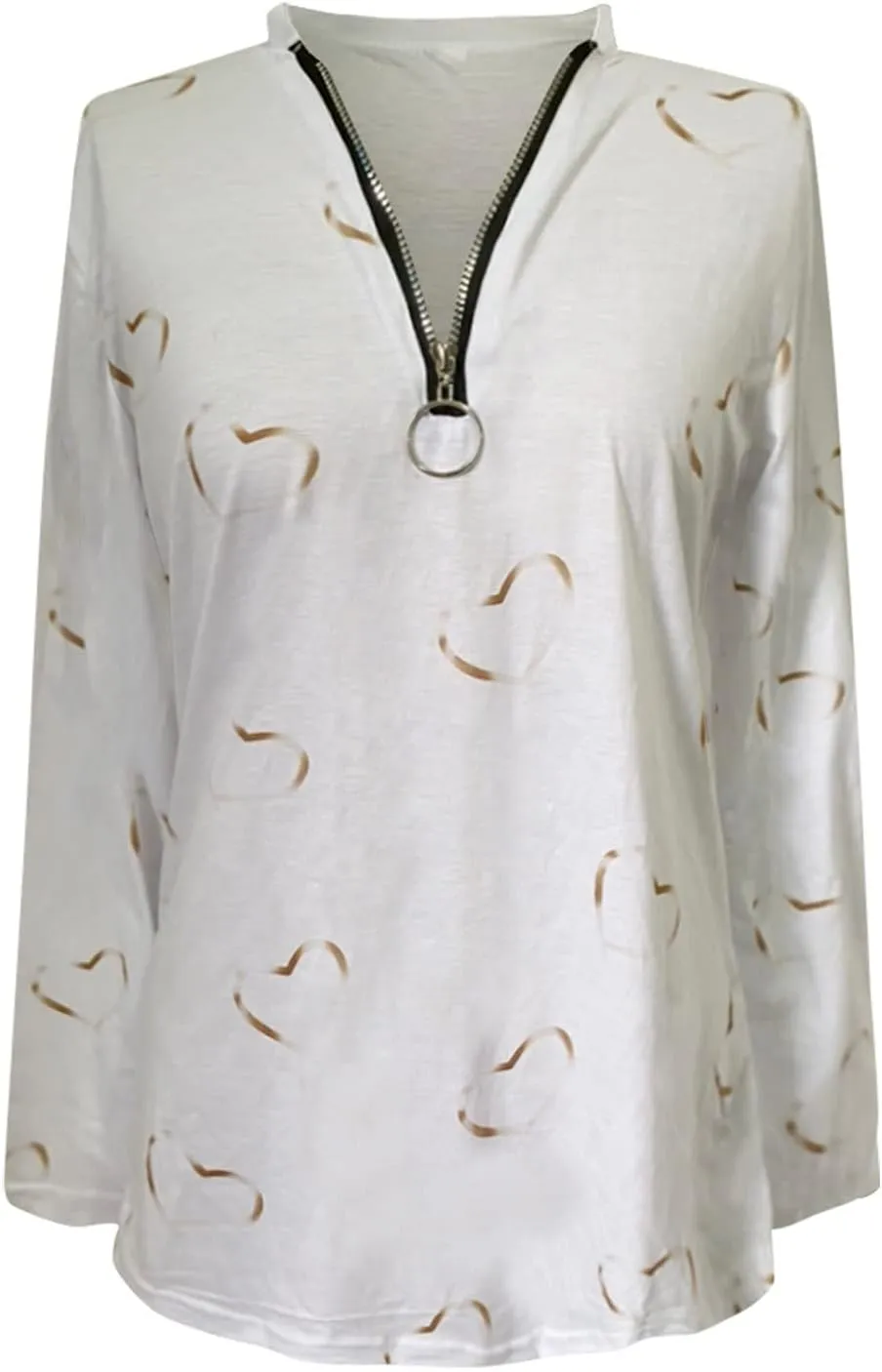 Women Half Zipper Shirt V-Neck Tops Fashion Love Heart Printing Blouse Long Sleeves Sweatshirt Casual Loose Shirts