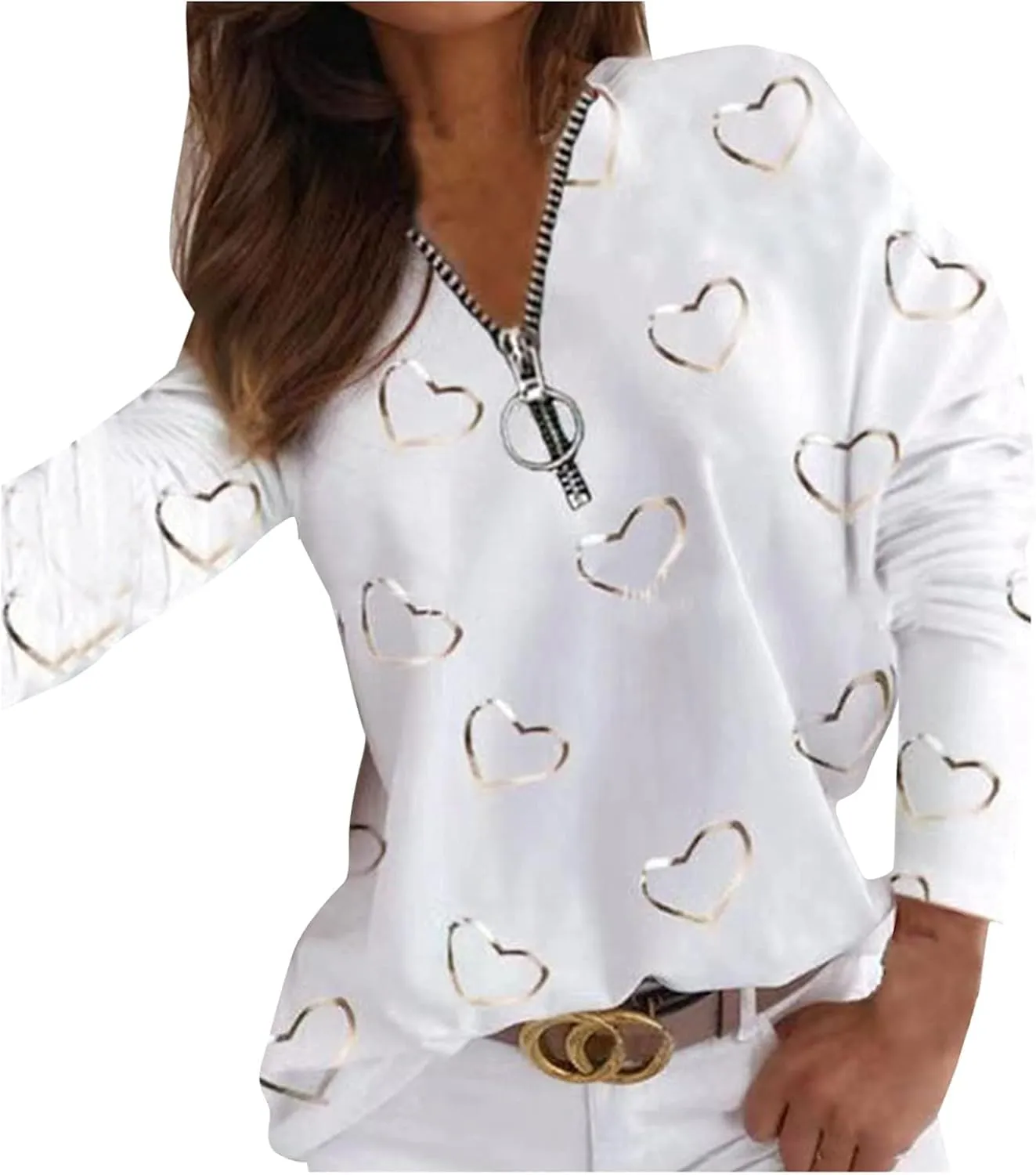 Women Half Zipper Shirt V-Neck Tops Fashion Love Heart Printing Blouse Long Sleeves Sweatshirt Casual Loose Shirts