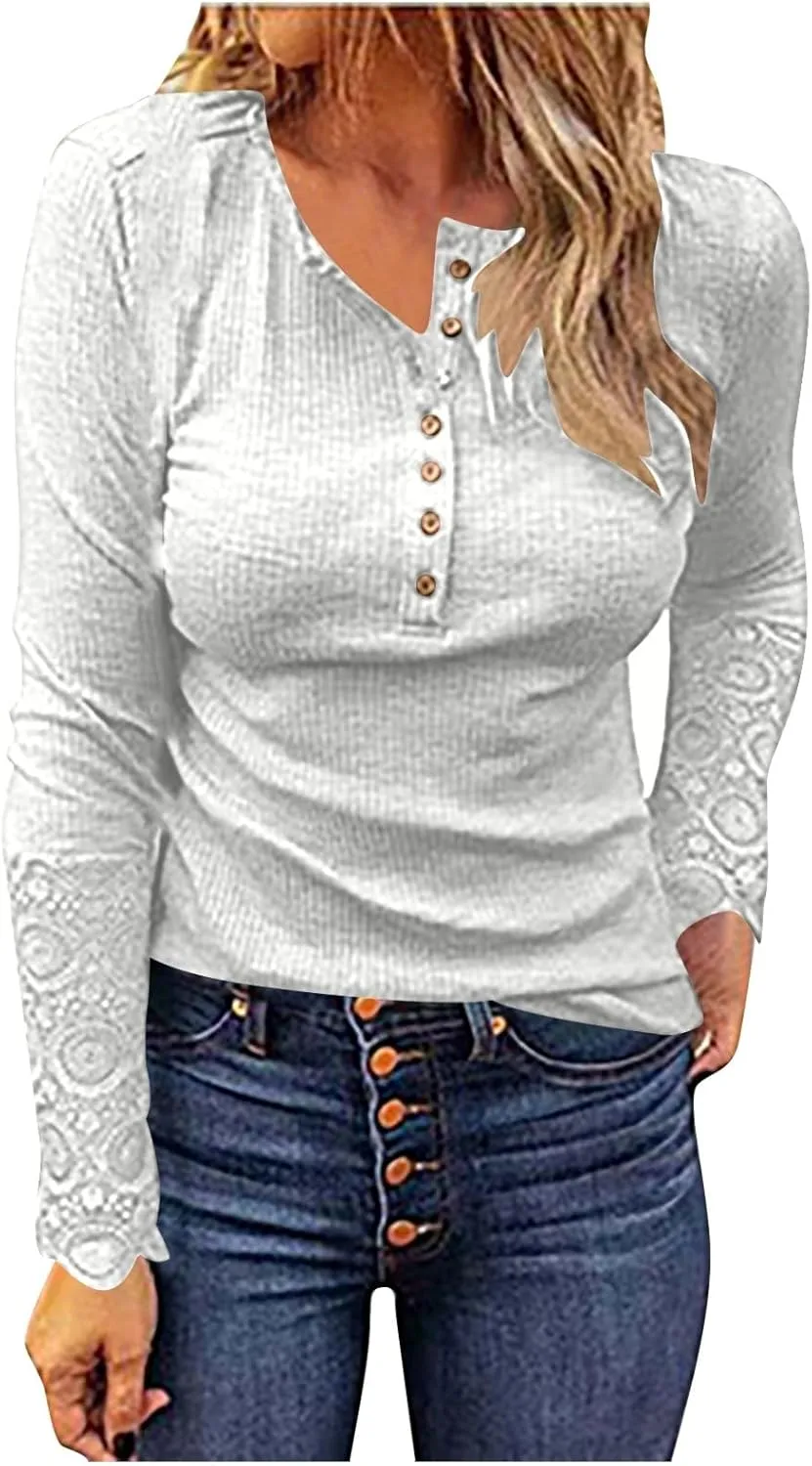 Women Long Sleeve Tops V Neck Button up Henley Shirts Trendy Slim Fit Lace Sleeves Ribbed Knit Blouses Casual Shirt