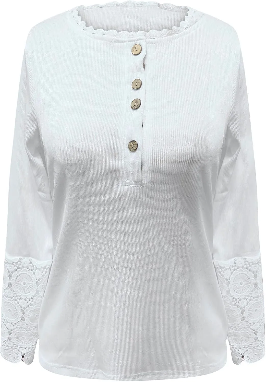 Women Long Sleeve Tops V Neck Button up Henley Shirts Trendy Slim Fit Lace Sleeves Ribbed Knit Blouses Casual Shirt