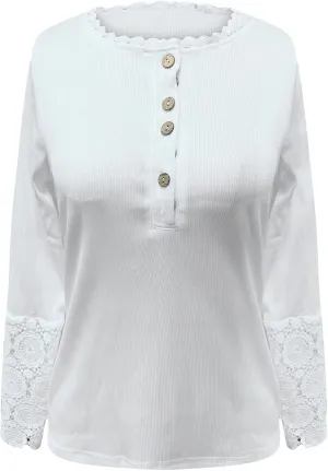 Women Long Sleeve Tops V Neck Button up Henley Shirts Trendy Slim Fit Lace Sleeves Ribbed Knit Blouses Casual Shirt