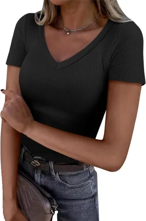 Women V Neck T Shirt Short Sleeve Ribbed Knit Slim Fit Tee Tshirt Summer Casual Going Out Basic Tops Blosues