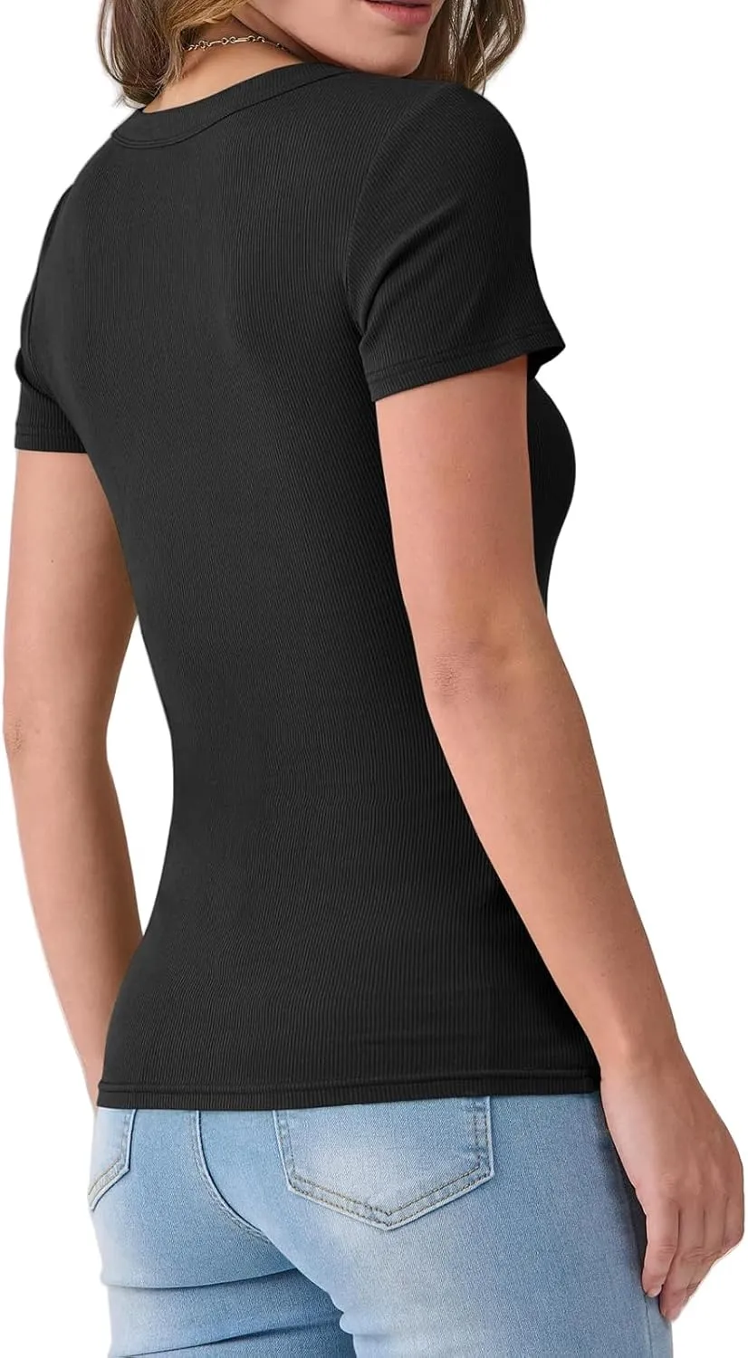 Women V Neck T Shirt Short Sleeve Ribbed Knit Slim Fit Tee Tshirt Summer Casual Going Out Basic Tops Blosues
