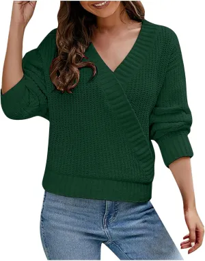 Women's 2024 Fall Sweaters Casual Long Sleeve Knit Pullover Loose Wrap V Neck Lightweight Crochet Sweater Shirt Tops