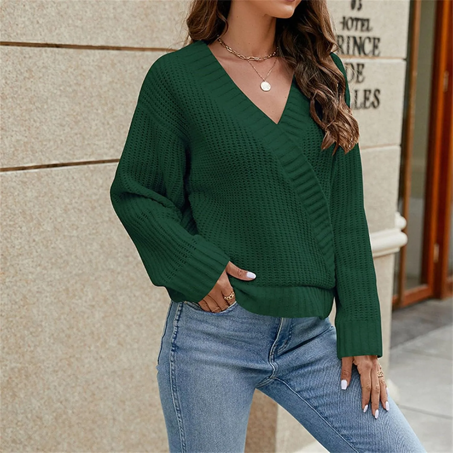 Women's 2024 Fall Sweaters Casual Long Sleeve Knit Pullover Loose Wrap V Neck Lightweight Crochet Sweater Shirt Tops