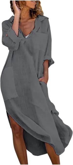 Womens Button Down Shirt Dress Summer Cotton Linen Casual Loose Maxi Dresses Beach Breathable Vacation Flowy Dresses