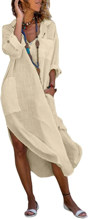 Womens Button Down Shirt Dress Summer Cotton Linen Casual Loose Maxi Dresses Beach Breathable Vacation Flowy Dresses