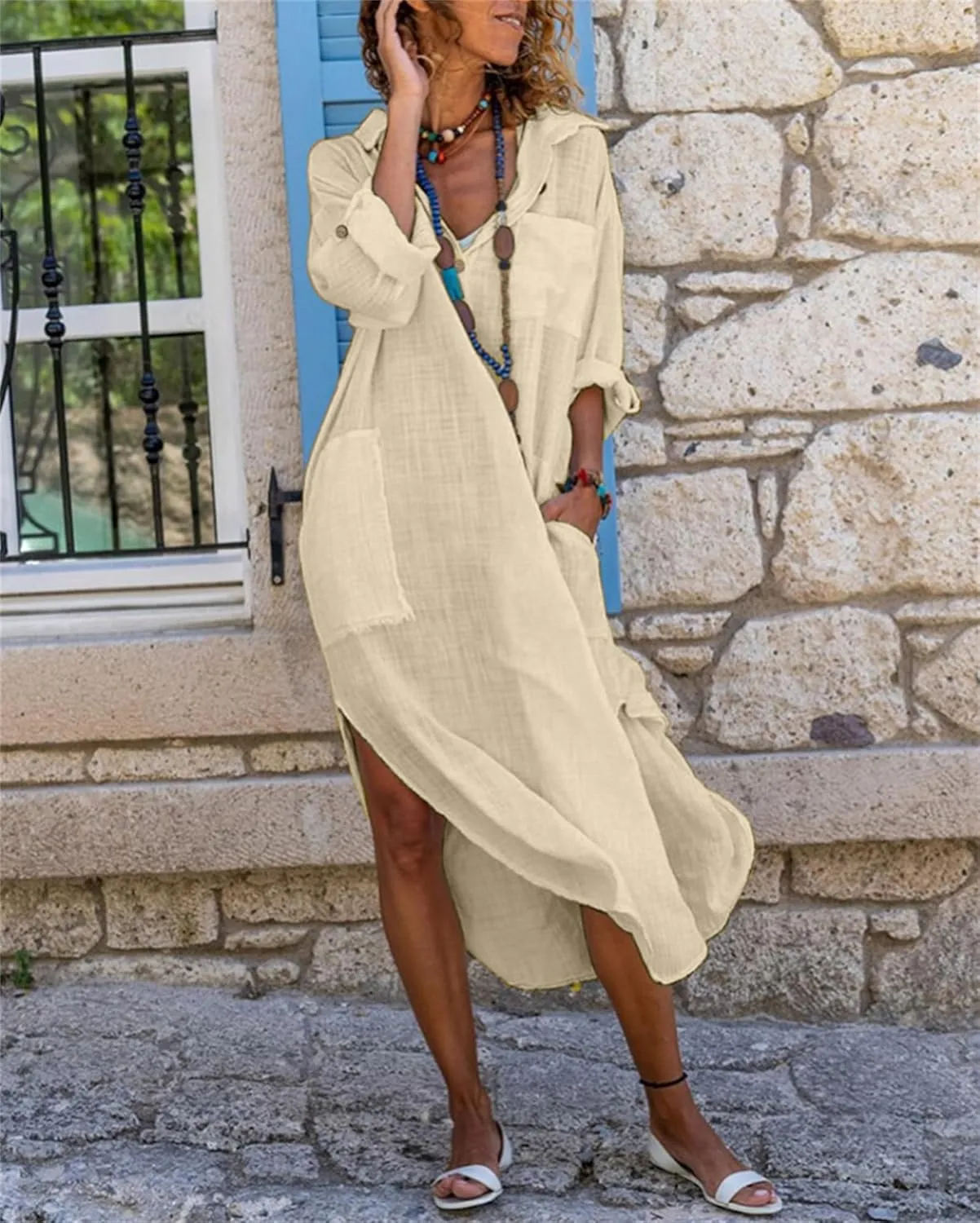Womens Button Down Shirt Dress Summer Cotton Linen Casual Loose Maxi Dresses Beach Breathable Vacation Flowy Dresses