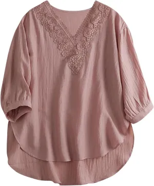Women's Cotton Linen Embroidered Blouse Summer Floral Lace V-Neck Tunic Top Vintage Boho Short Sleeve Hi-Low Hem Shirts