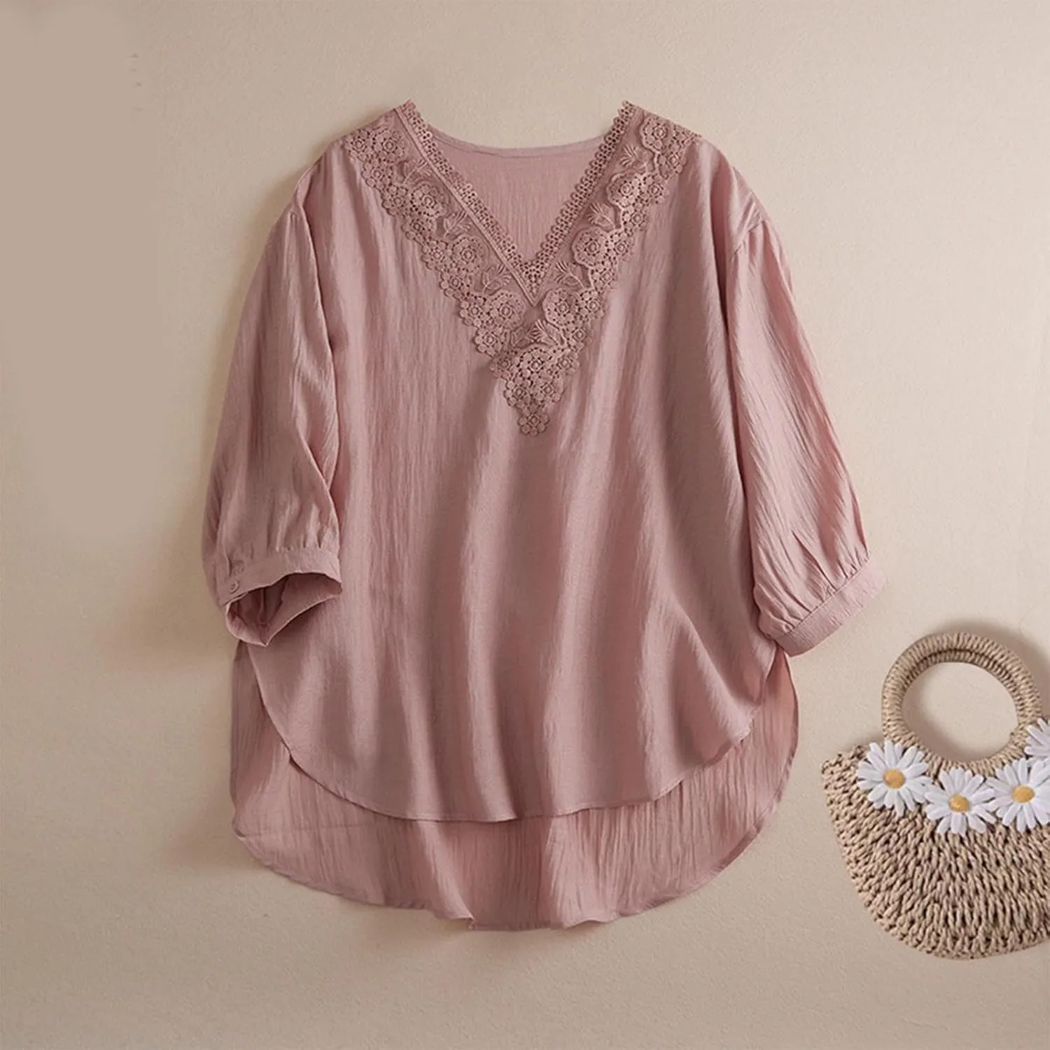 Women's Cotton Linen Embroidered Blouse Summer Floral Lace V-Neck Tunic Top Vintage Boho Short Sleeve Hi-Low Hem Shirts