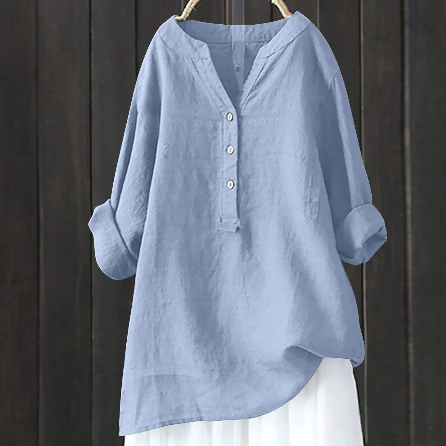 Womens Cotton Linen Shirts 2025 Summer Oversized 3/4 Sleeve Tunic Tops Casual Buttons V Neck Vacation Outdoor Blouses