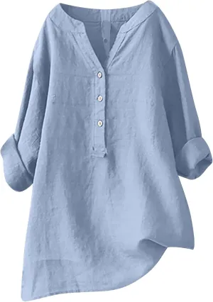 Womens Cotton Linen Shirts 2025 Summer Oversized 3/4 Sleeve Tunic Tops Casual Buttons V Neck Vacation Outdoor Blouses