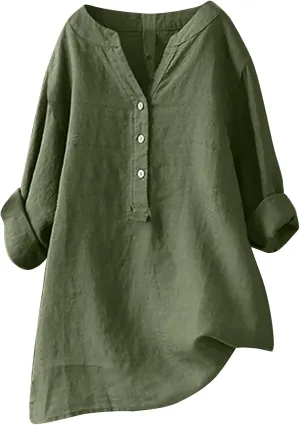 Womens Cotton Linen Shirts 2025 Summer Oversized 3/4 Sleeve Tunic Tops Casual Buttons V Neck Vacation Outdoor Blouses