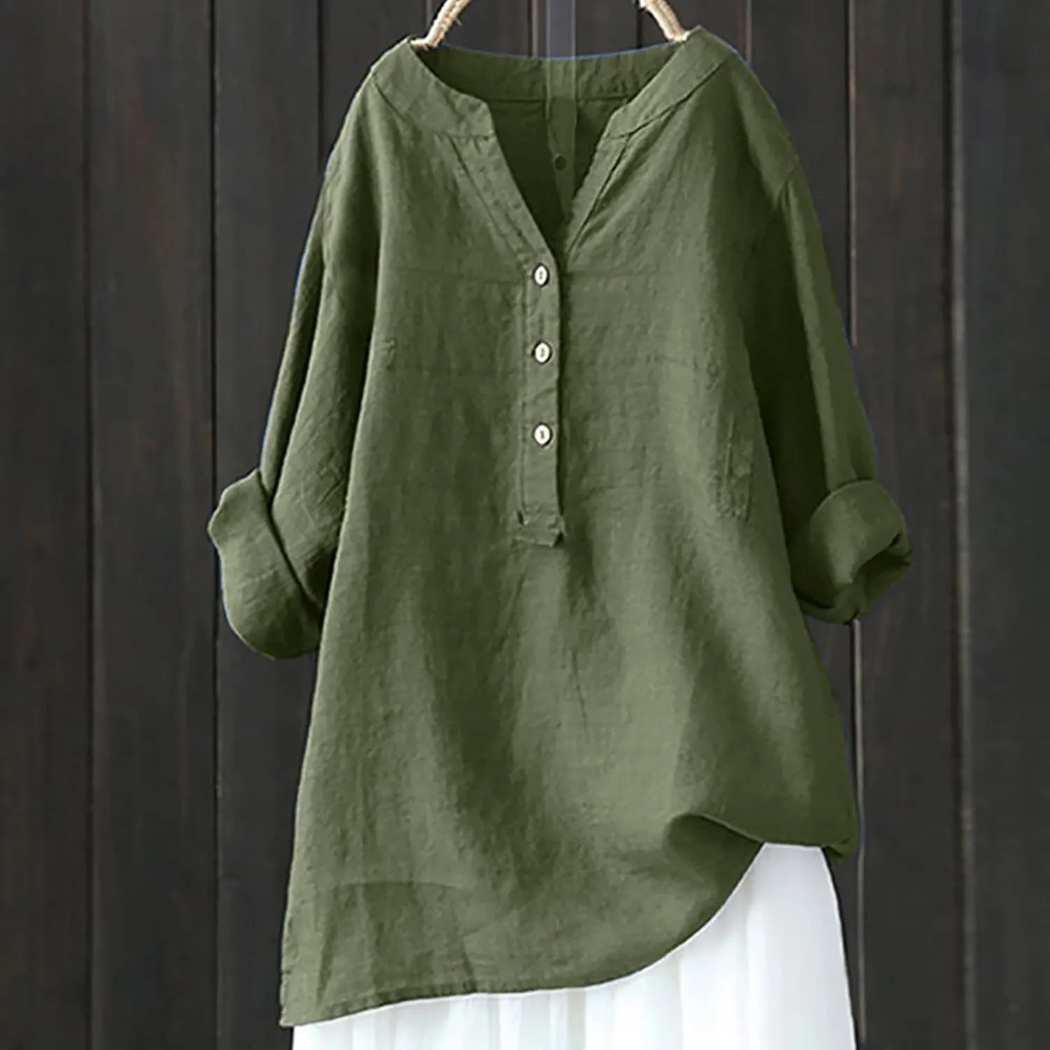 Womens Cotton Linen Shirts 2025 Summer Oversized 3/4 Sleeve Tunic Tops Casual Buttons V Neck Vacation Outdoor Blouses