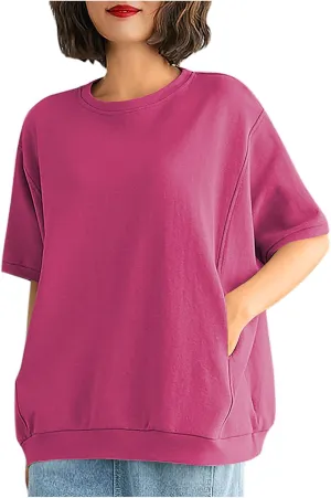 Women's Crew Neck T Shirt Oversized Casual Loose Short Sleeve Tee Summer Athletic Workout Pullover Tops with Pockets