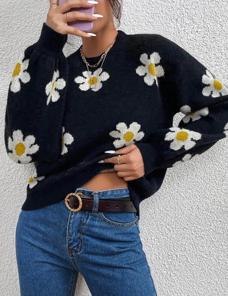 Womens Daisy Sweater Fall Winter Long Sleeve Pullover Loose Fit Flower Knit Sweater Tops