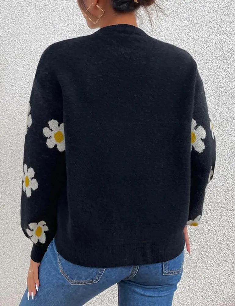 Womens Daisy Sweater Fall Winter Long Sleeve Pullover Loose Fit Flower Knit Sweater Tops