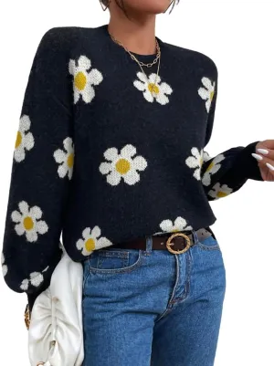 Womens Daisy Sweater Fall Winter Long Sleeve Pullover Loose Fit Flower Knit Sweater Tops