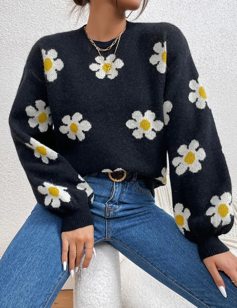 Womens Daisy Sweater Fall Winter Long Sleeve Pullover Loose Fit Flower Knit Sweater Tops