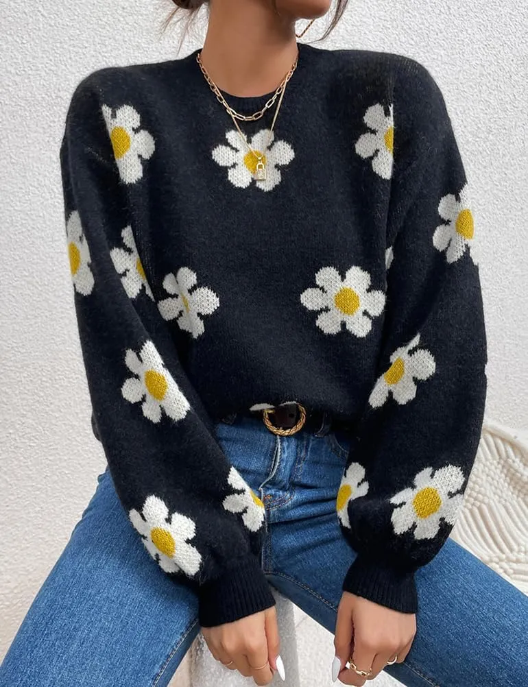 Womens Daisy Sweater Fall Winter Long Sleeve Pullover Loose Fit Flower Knit Sweater Tops