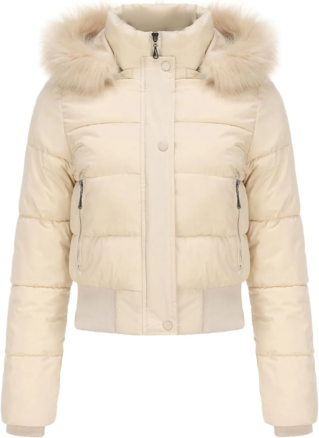 Women's Short Thickened Down Jacket with Removable Faux Fur Hood Warm Winter Padded Puffer Coat Quilted Pockets Outwear