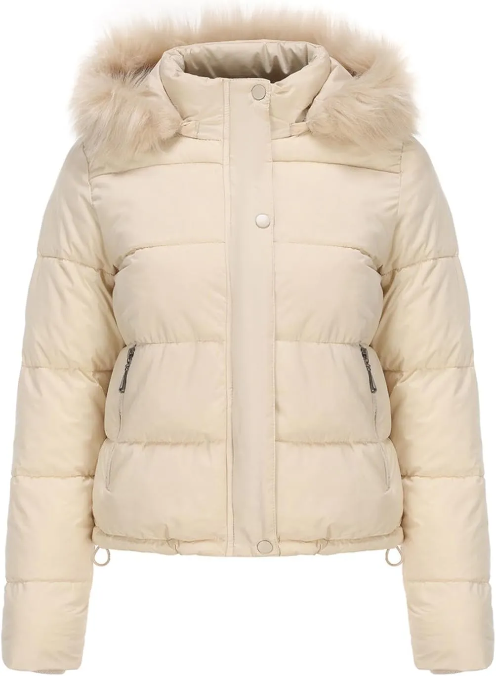 Women's Short Thickened Down Jacket with Removable Faux Fur Hood Warm Winter Padded Puffer Coat Quilted Pockets Outwear