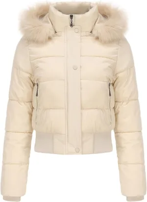 Women's Short Thickened Down Jacket with Removable Faux Fur Hood Warm Winter Padded Puffer Coat Quilted Pockets Outwear
