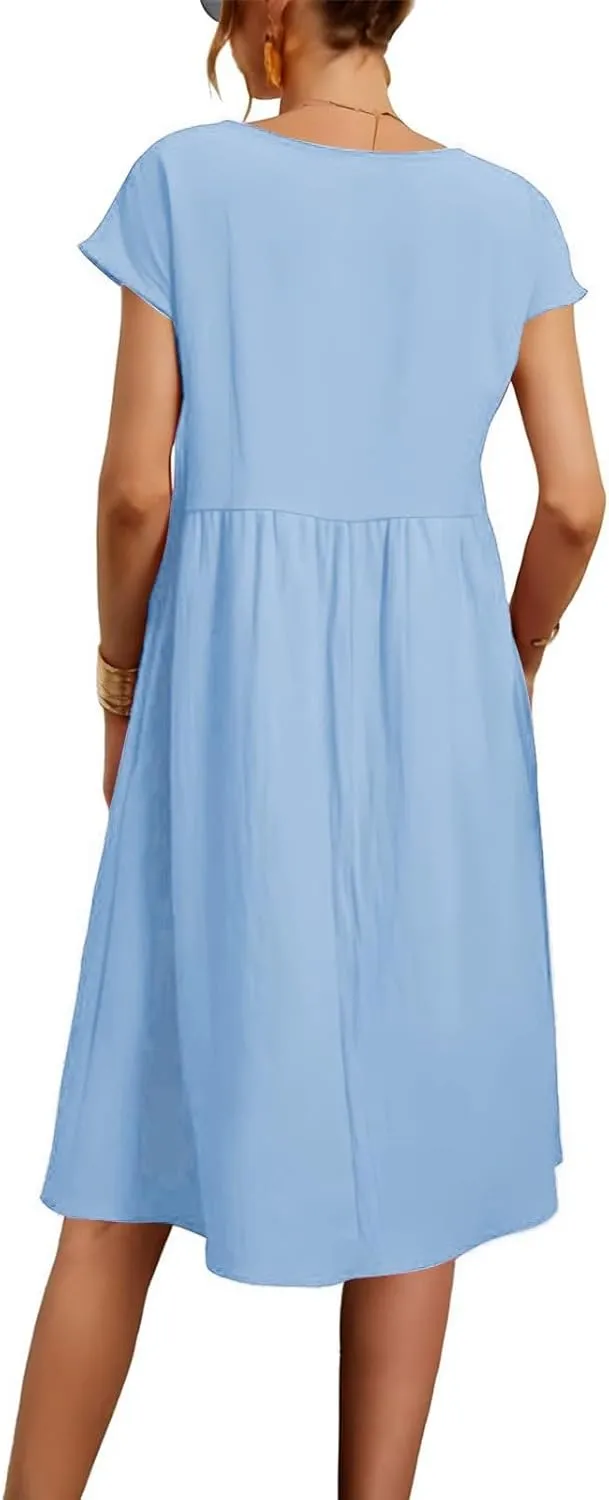 Women's Summer A-Line Dress Plus Size Crew Neck Casual Comfy Cotton Short Sleeve Dresses with Pockets Vacation Outfits