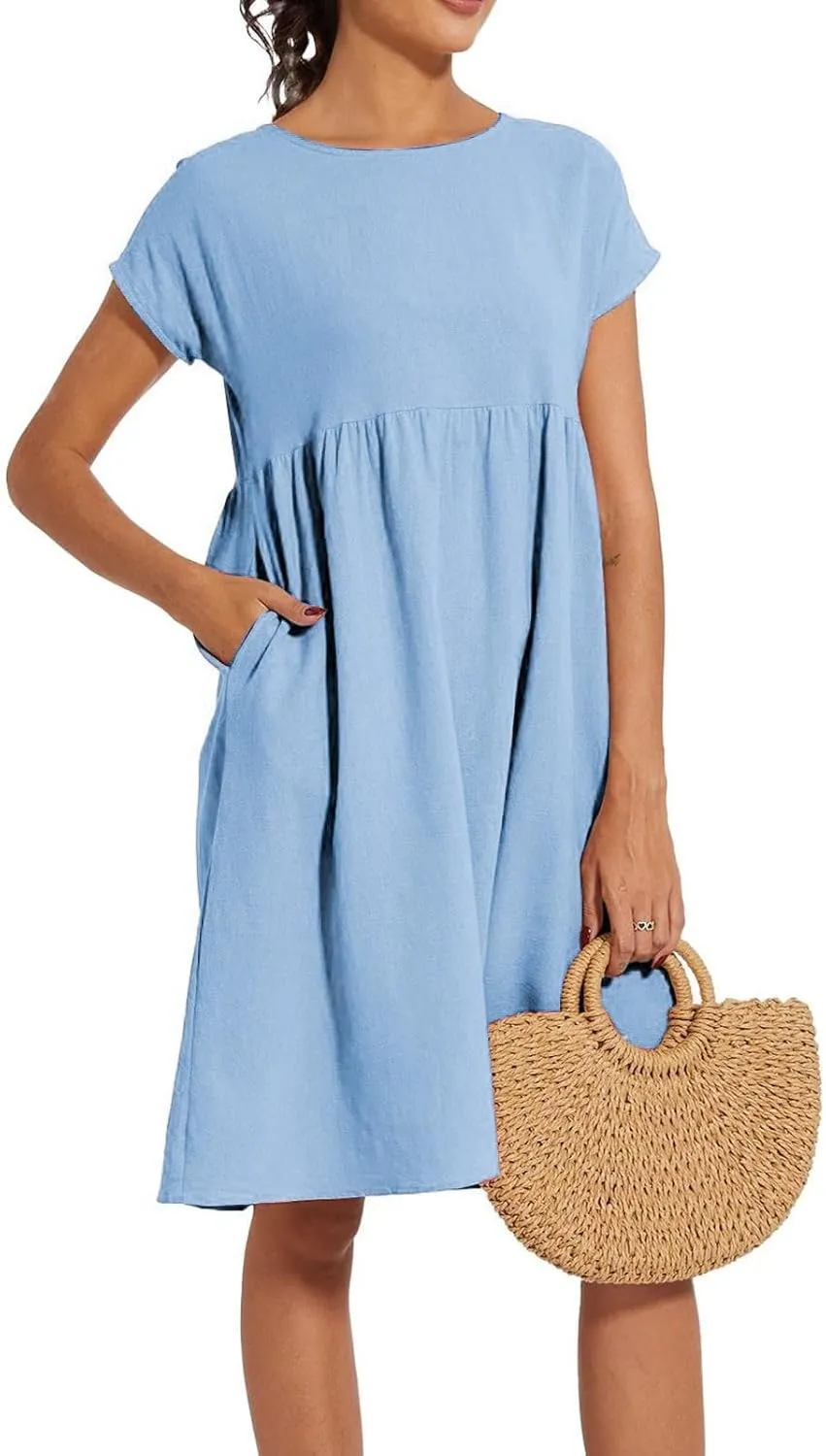 Women's Summer A-Line Dress Plus Size Crew Neck Casual Comfy Cotton Short Sleeve Dresses with Pockets Vacation Outfits