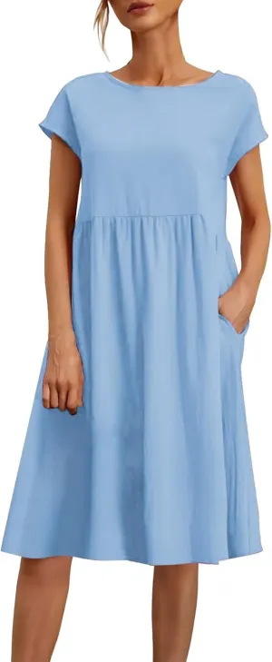 Women's Summer A-Line Dress Plus Size Crew Neck Casual Comfy Cotton Short Sleeve Dresses with Pockets Vacation Outfits
