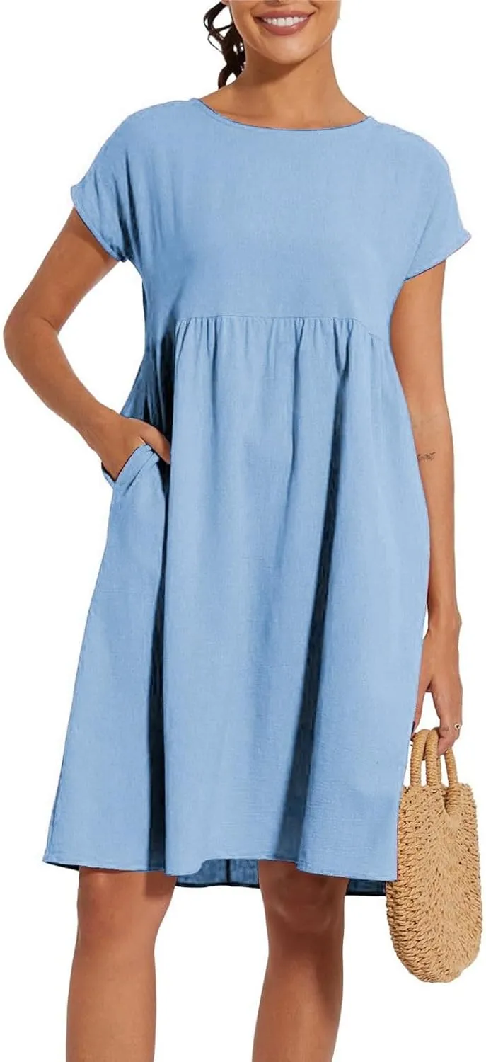 Women's Summer A-Line Dress Plus Size Crew Neck Casual Comfy Cotton Short Sleeve Dresses with Pockets Vacation Outfits