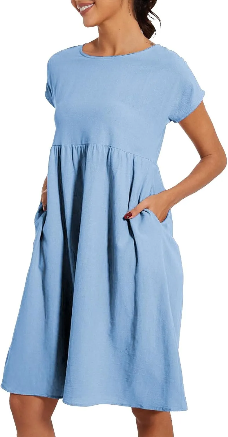 Women's Summer A-Line Dress Plus Size Crew Neck Casual Comfy Cotton Short Sleeve Dresses with Pockets Vacation Outfits