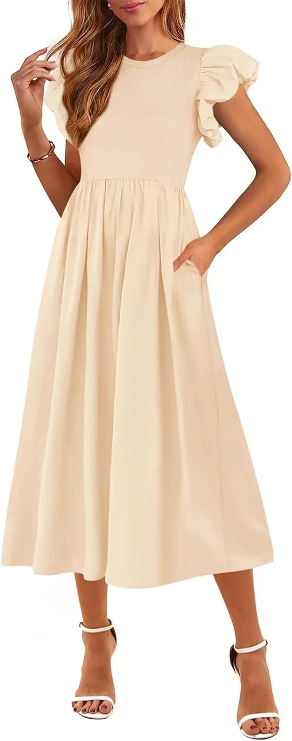 Womens Summer Casual Dresses Short Puff Sleeve High Waist A-Line Dress Spring Flowy Solid Midi Dress with Pockets