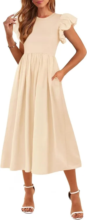 Womens Summer Casual Dresses Short Puff Sleeve High Waist A-Line Dress Spring Flowy Solid Midi Dress with Pockets