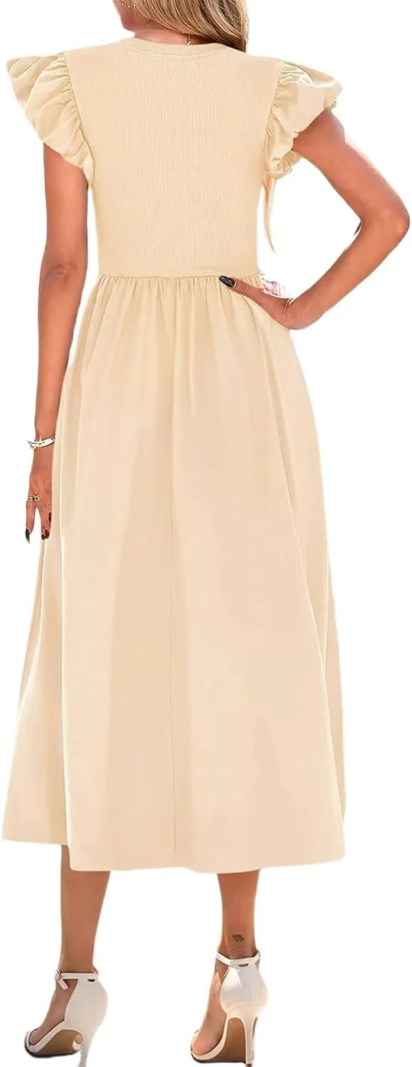 Womens Summer Casual Dresses Short Puff Sleeve High Waist A-Line Dress Spring Flowy Solid Midi Dress with Pockets