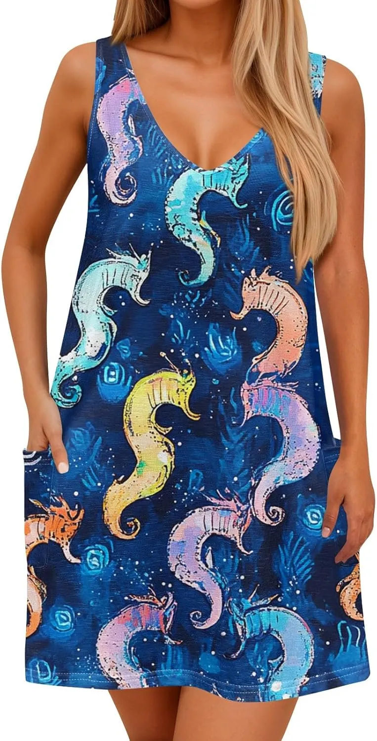 Womens Summer Dresses Beach V Neck Swimsuit Coverup Vacation Casual Dress with Pocket 2025 Printed Sundress