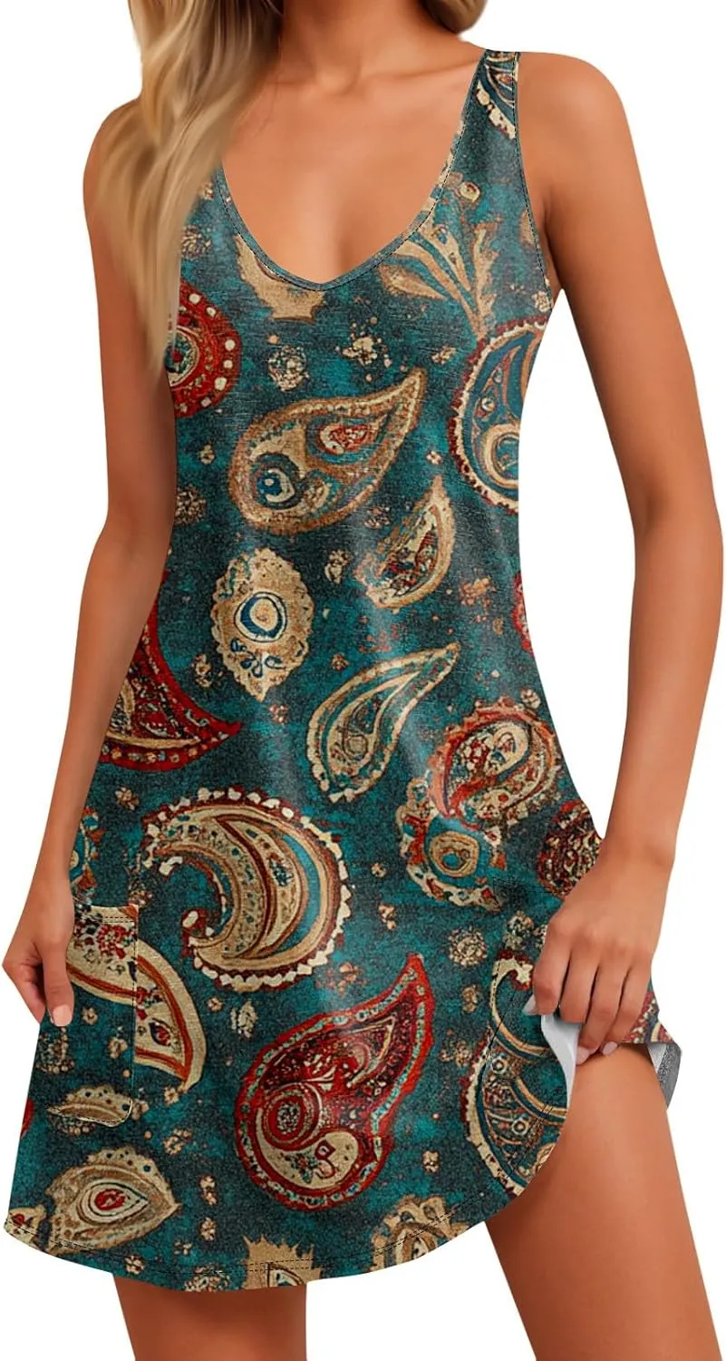 Women's Summer Dresses Vacation Printed Dress with Pocket 2025 V Neck Sundress Casual Sleeveless Swimsuit Coverup