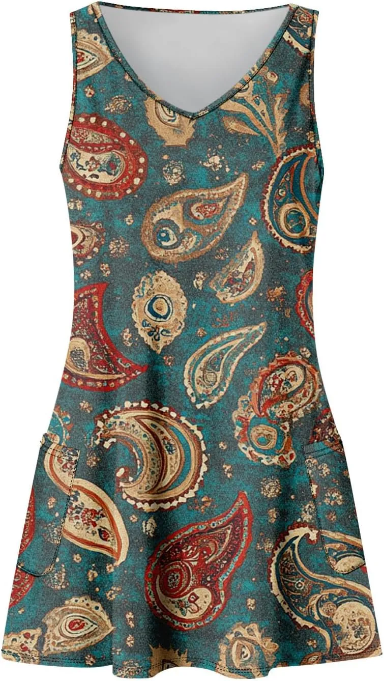 Women's Summer Dresses Vacation Printed Dress with Pocket 2025 V Neck Sundress Casual Sleeveless Swimsuit Coverup