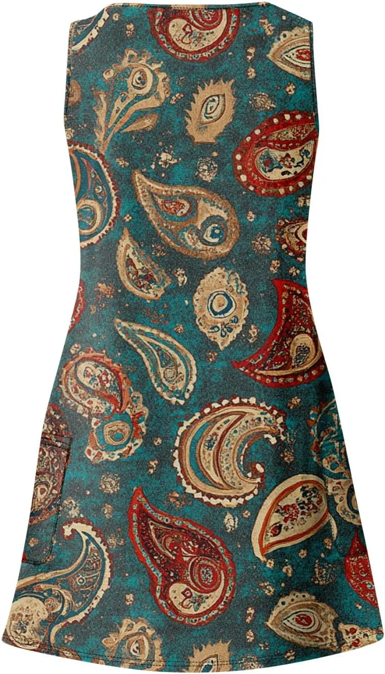 Women's Summer Dresses Vacation Printed Dress with Pocket 2025 V Neck Sundress Casual Sleeveless Swimsuit Coverup