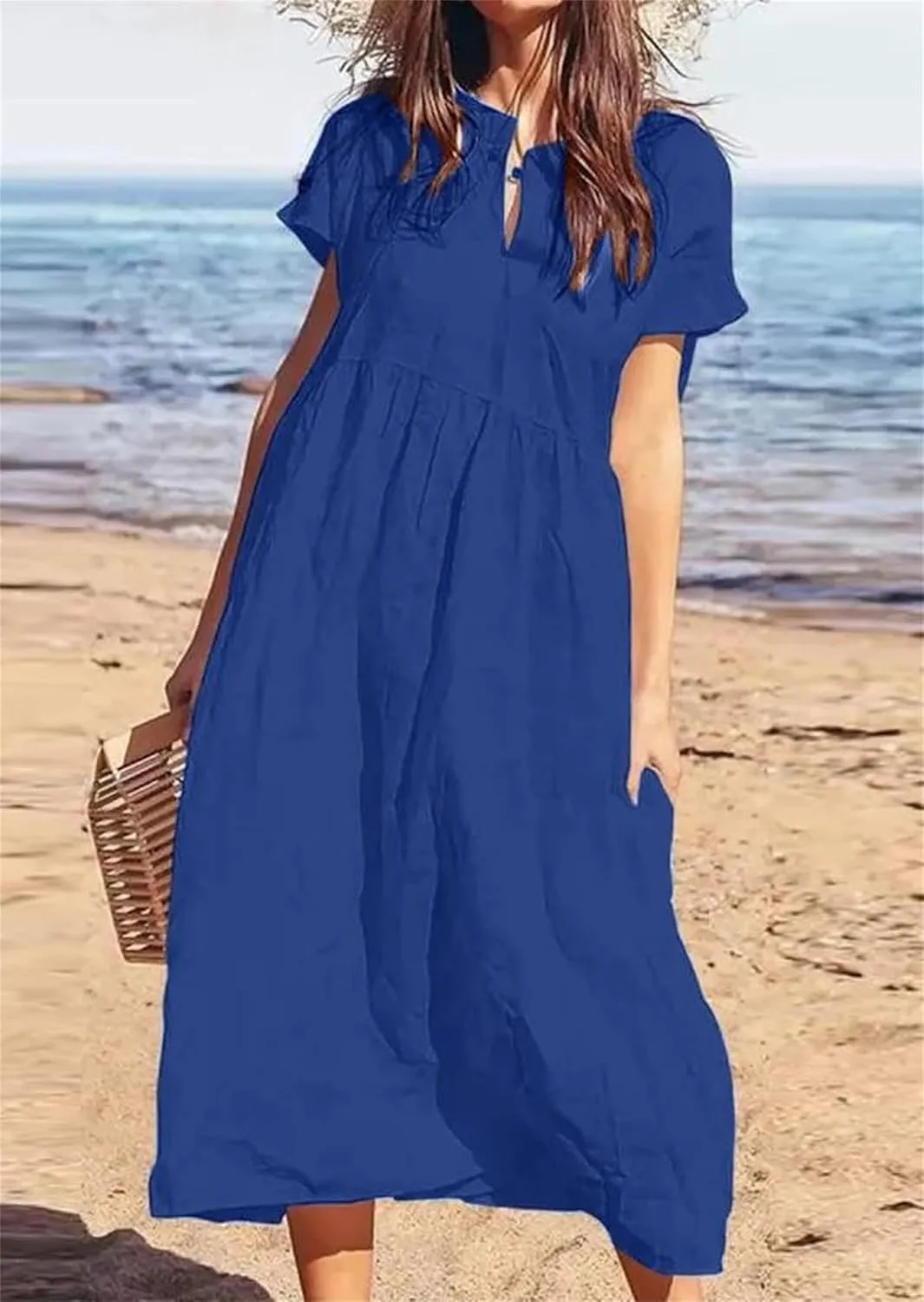 Womens Summer Linen Flowy Maxi Dress Short Sleeve V Neck Dresses Loose Casual Tiered Ruffle High Waist Long Dresses