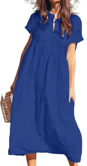 Womens Summer Linen Flowy Maxi Dress Short Sleeve V Neck Dresses Loose Casual Tiered Ruffle High Waist Long Dresses