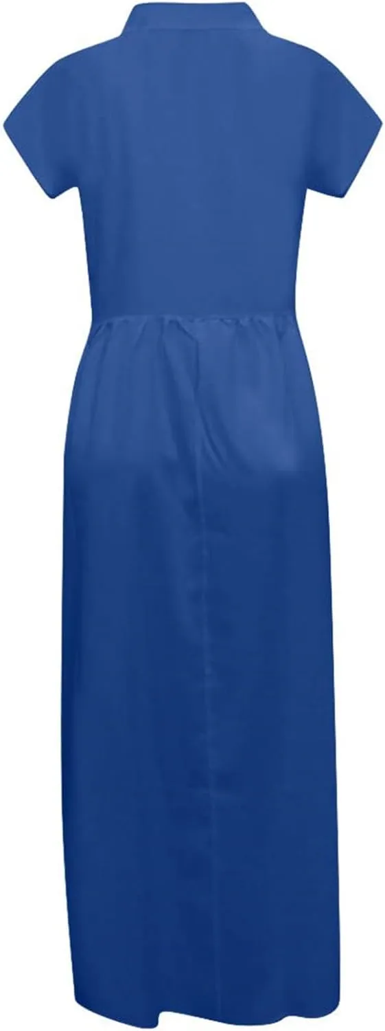 Womens Summer Linen Flowy Maxi Dress Short Sleeve V Neck Dresses Loose Casual Tiered Ruffle High Waist Long Dresses