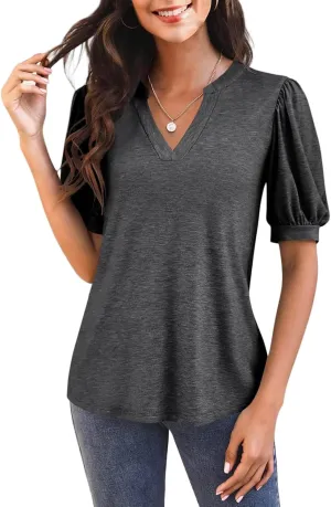 Womens Summer Shirt Casual Puff Sleeve Loose Top Summer Going Out Tee Beach Vacation Tunic Cute Flowy Blouse