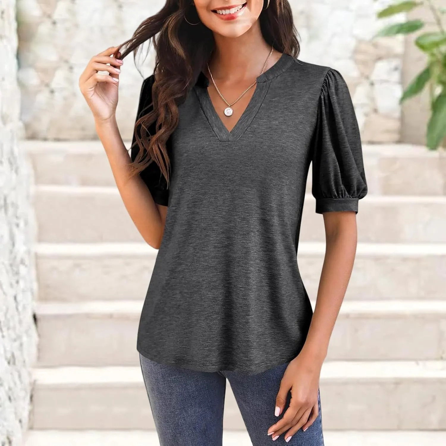 Womens Summer Shirt Casual Puff Sleeve Loose Top Summer Going Out Tee Beach Vacation Tunic Cute Flowy Blouse