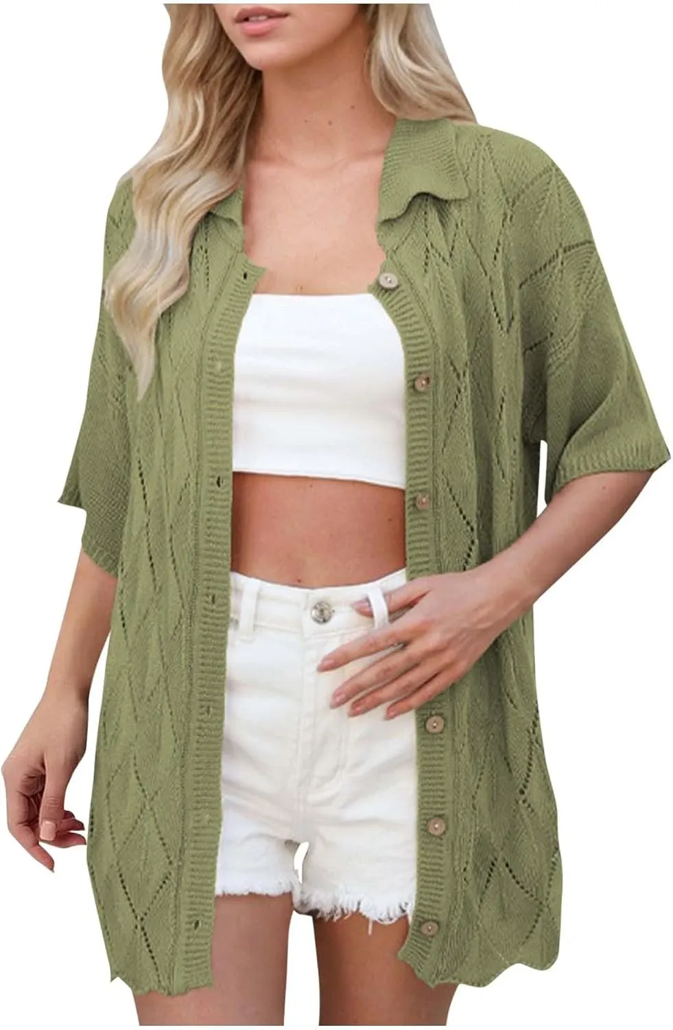 Womens Summer Short Sleeve Cardigans Cable Knit Button Down Lapel Collar Shirts Lightweight Sweater Tops Beach Cover Up
